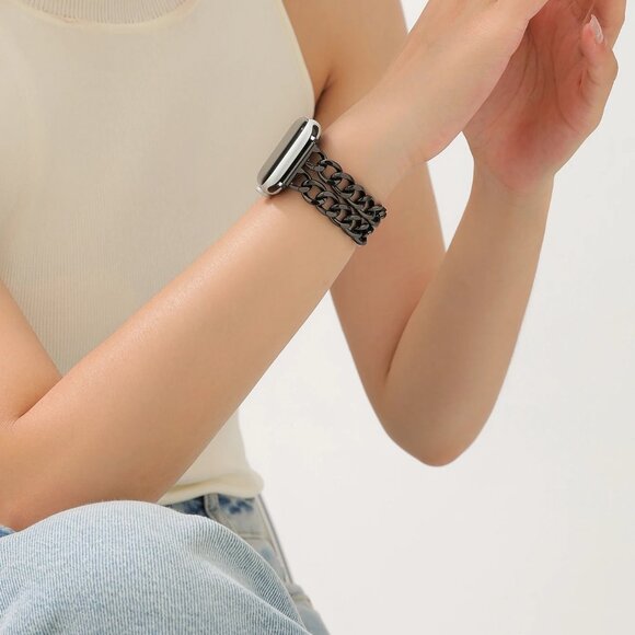 Apple Watch Band Adjustable Stylish Strap Silver Stainless Chain - Black - Picture 5 of 9